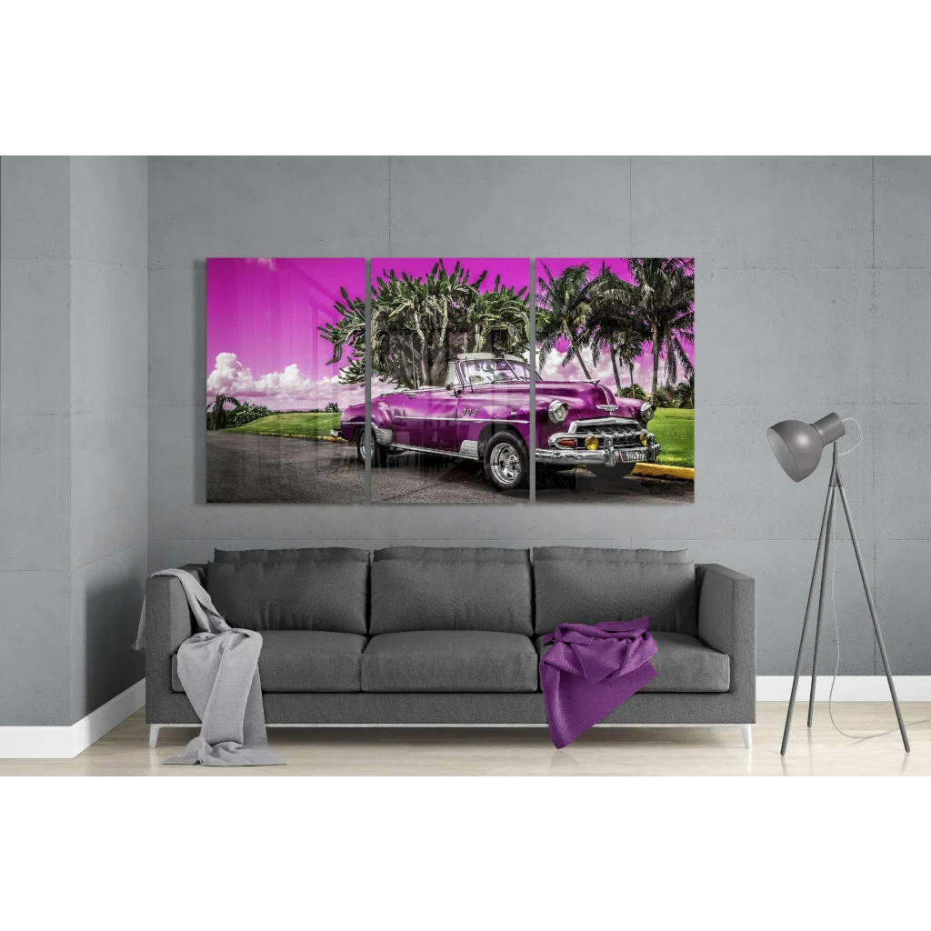 Purple Vintage Car Desert Sunset Canvas Wall Art | Modern Wall Art Decor | vintageantiquesgifts.com
