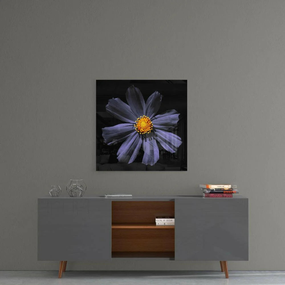 Stunning purple cosmos glass wall art with vibrant yellow center