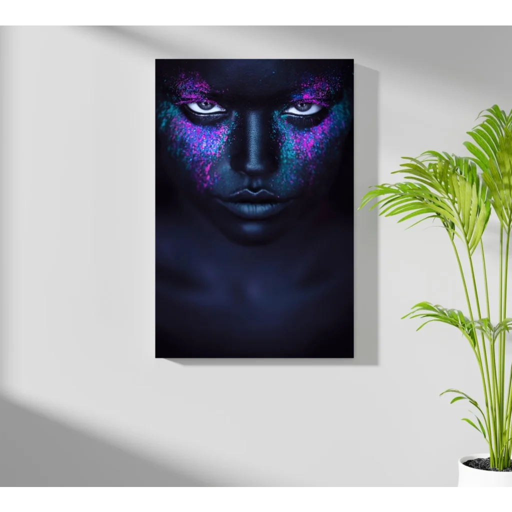 Purple galaxy neon face canvas art print in black and purple for modern homes
