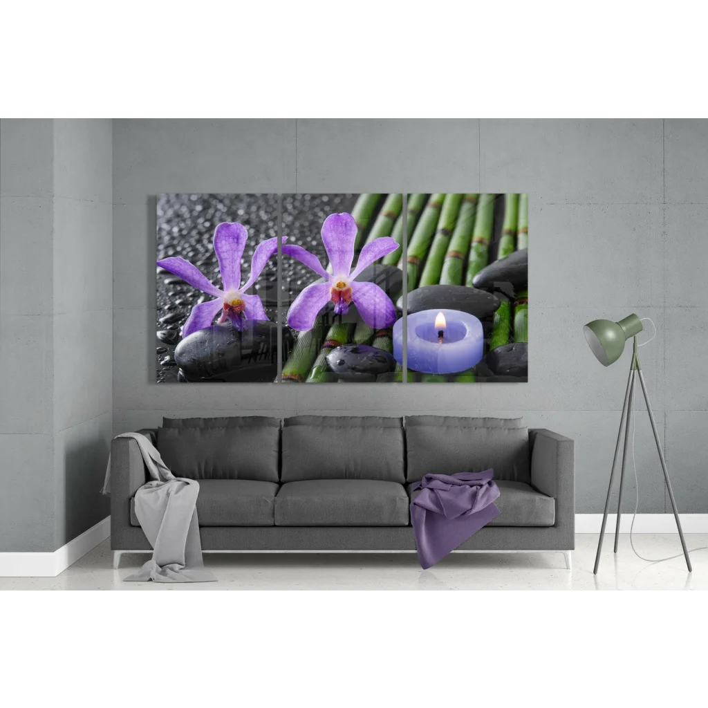 Purple Orchid Bamboo Glass Wall Art with orchids, stones, bamboo