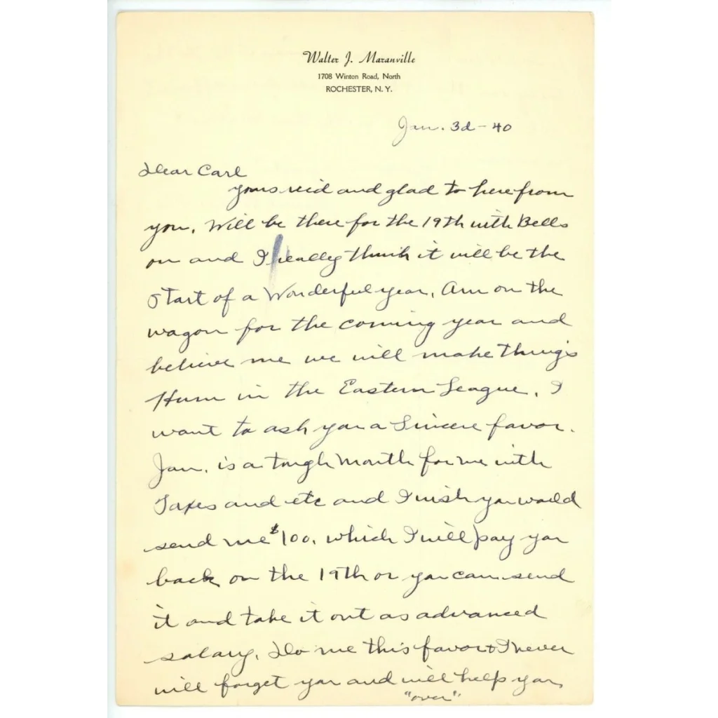 Vintage Rabbit Maranville handwritten letter in cursive on cream paper