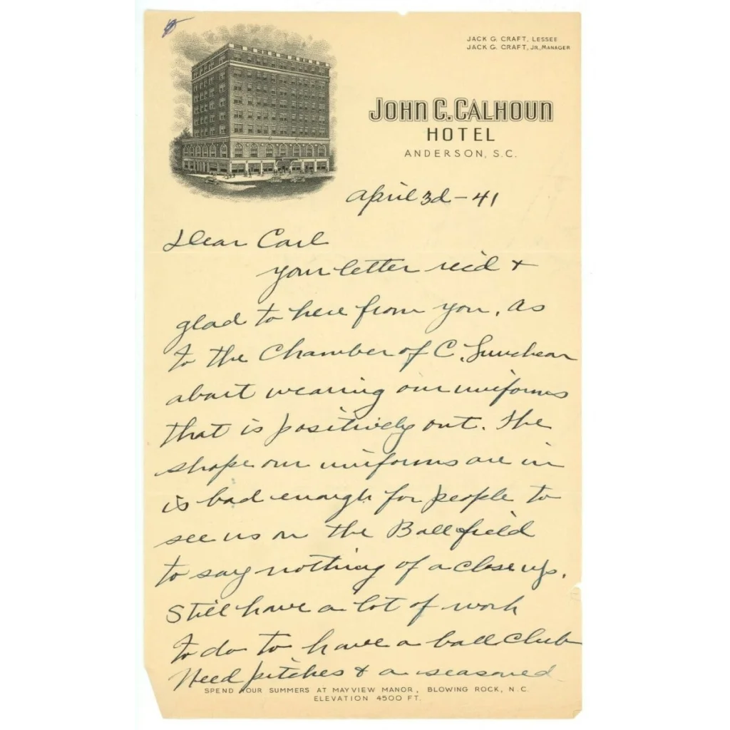 1940s Rabbit Maranville handwritten letter on vintage hotel stationery