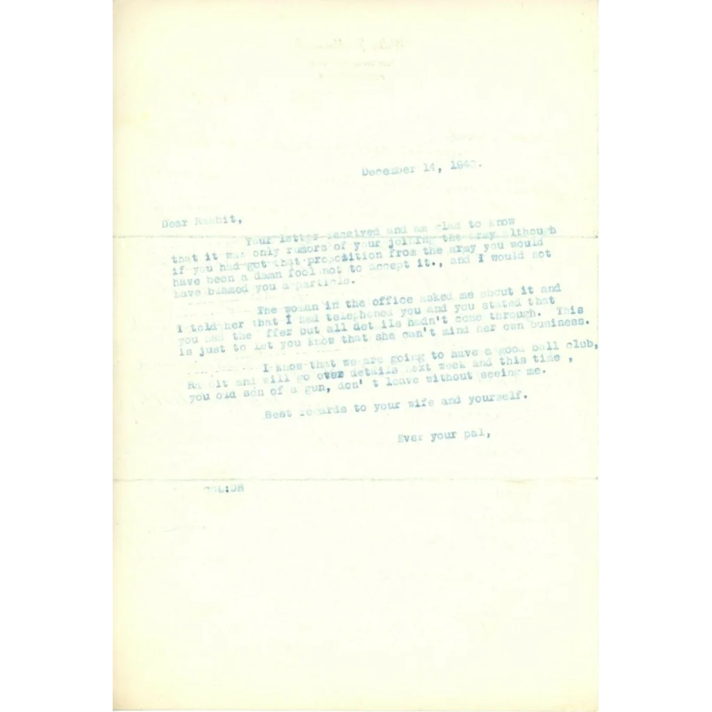 Vintage 1960s typewriter paper with Rabbit Maranville handwritten letter from 1979