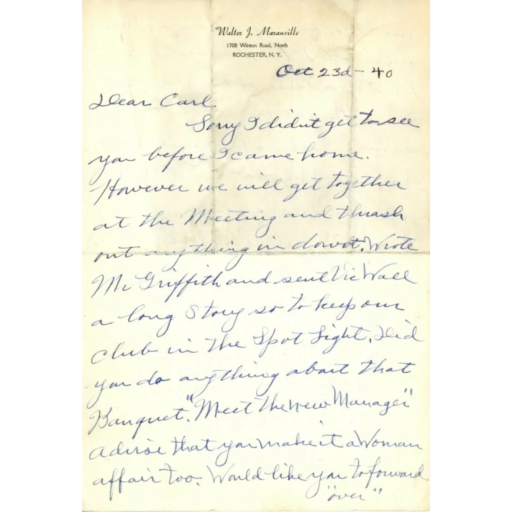 Rabbit Maranville handwritten letter from 1940 on white paper
