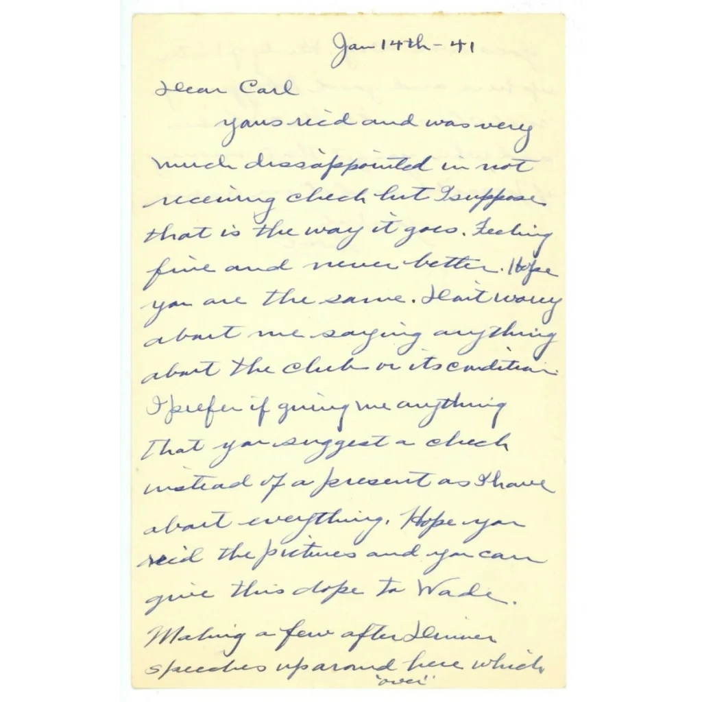 Rabbit Maranville handwritten letter on yellowed paper, dated 1970