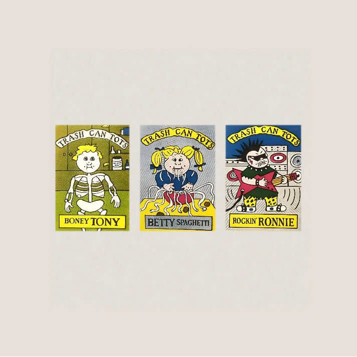 Three Trash Can Tots trading cards from Radical 80s Tots stickers featuring vintage 1980s trash style