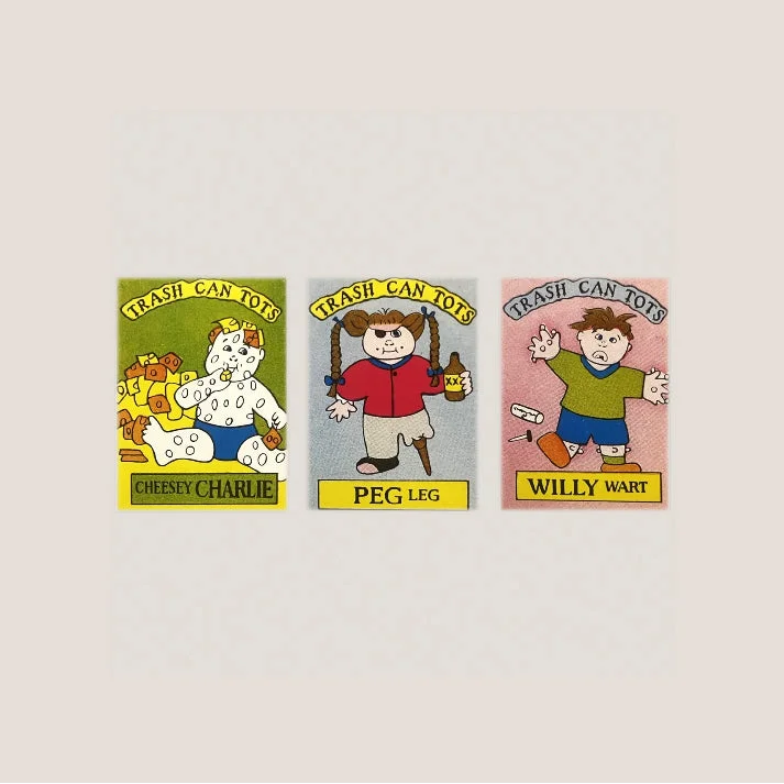 Three Trash Can Tots trading cards from Vintage 1980s Trash series, totally tubular Garbage Pail Kids vibe