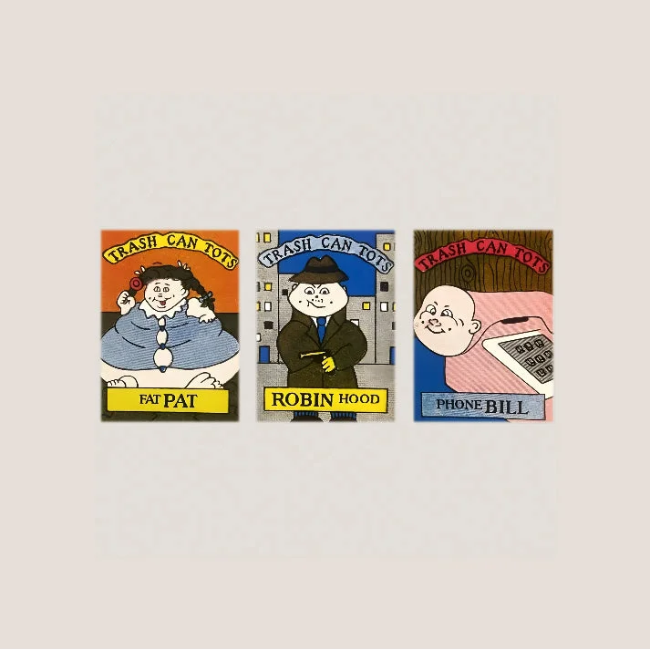 Three Trash Can Tots trading cards from vintage 1980s Trash Tots stickers unleash nostalgic Garbage Pail Kids vibe