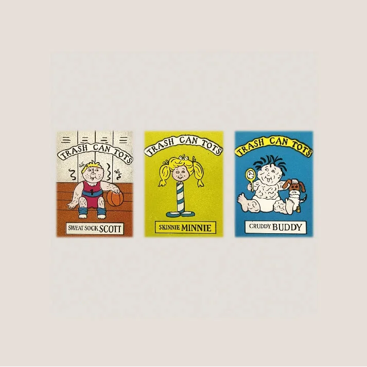 Three Trash Can Tots trading cards from Radical Vintage 1980s Tots Stickers showcasing Garbage Pail Kids nostalgia