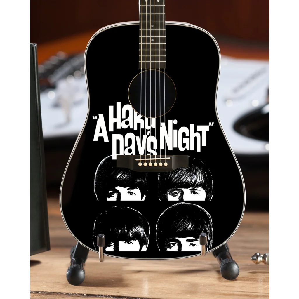 Radio Days mini acoustic Beatles guitar with black body and white graphics