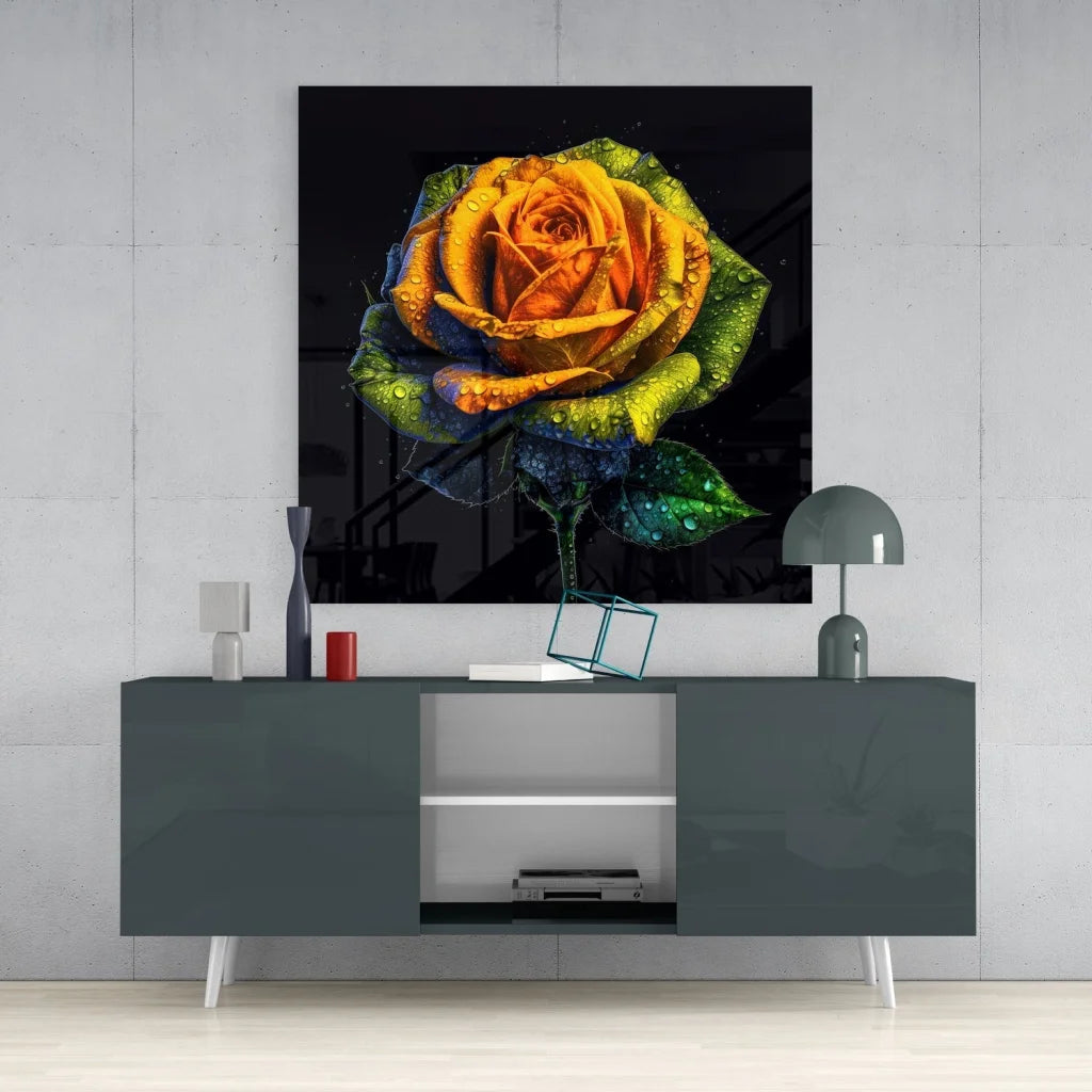 Vibrant rainbow rose tempered glass art with dew drops and size comparison