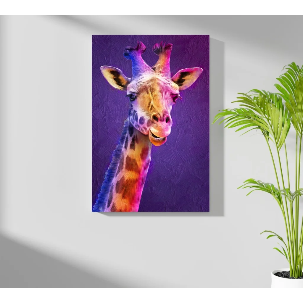 Vibrant rainbow spotted giraffe portrait on purple canvas print