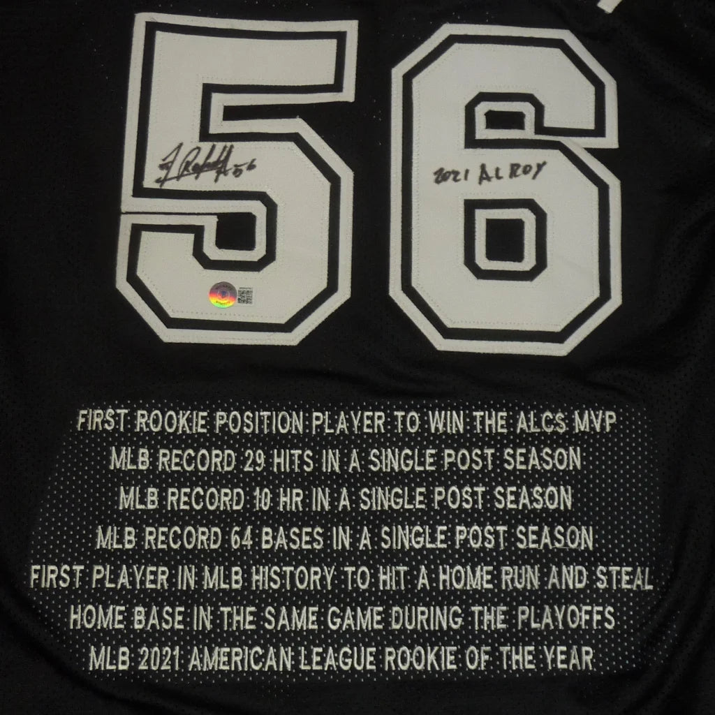 Randy arozarena autographed Tampa Bay black jersey #56 with embroidered stats
