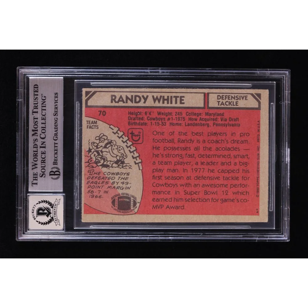 Encased vintage Randy White football card from 1980 Topps Hall of Fame collectible