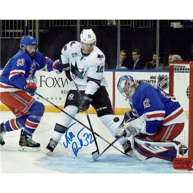 Autographed hockey puck with three York Rangers players on ice, perfect for Rangers autographed 8x10 fans