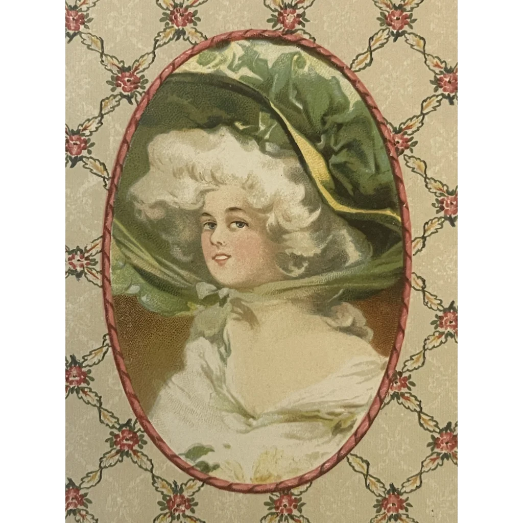 Portrait of a woman in a green hat and white wig for a Victorian beauty candy box