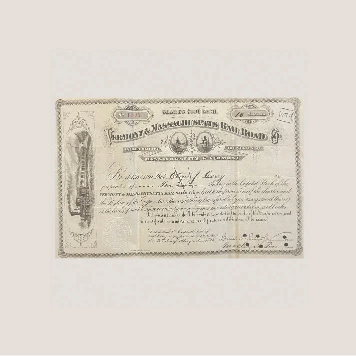 Vintage Railroad Stock Certificate from Massachusetts Railroad, rare antique 1800s train collectible