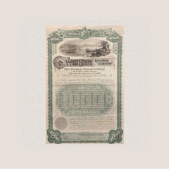 Antique West Shore Railroad gold bond certificate from 1885 showing historic railroad bond