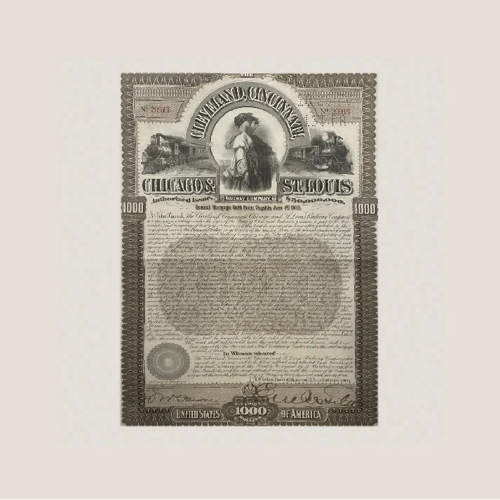 Antique vintage railroad bond certificate from Cleveland Railway, classic louis railroad bond