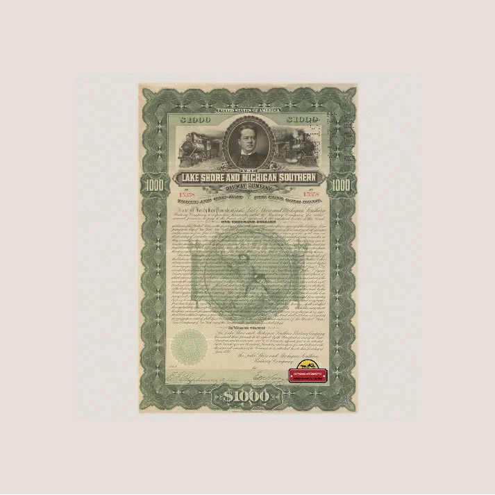 Vintage Michigan Southern Railroad gold bond certificate from 1897 showing historic train bonds