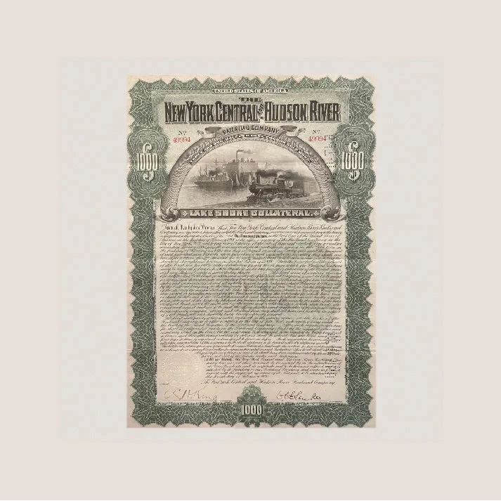 Antique gold bond certificate from 1898 New York Central Railroad Hudson River Railroad