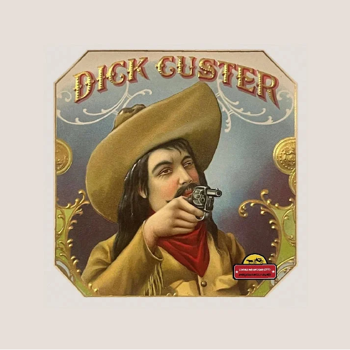 Vintage Dick Custer cigar box label showcasing gold embossed antique vintage cigar art
