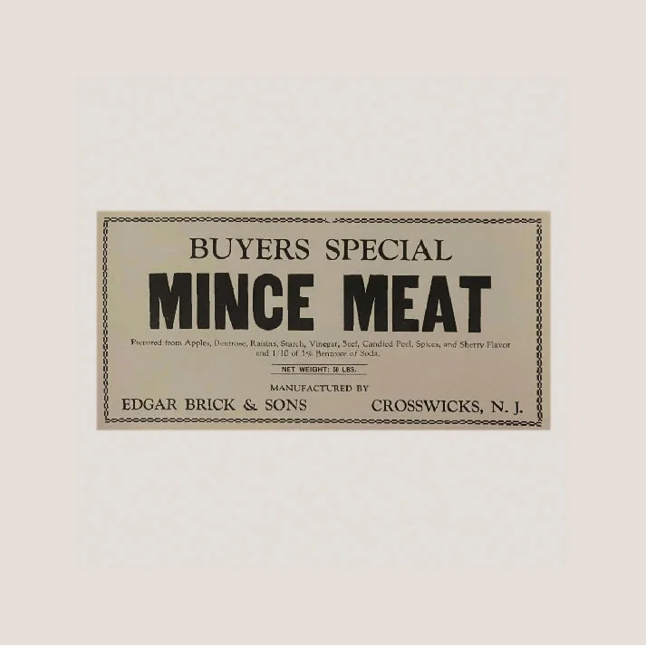 Vintage cream-colored Buyers Special Mince Meat label by Edgar Brick & Sons, Crosswicks NJ, black serif text, decorative bord