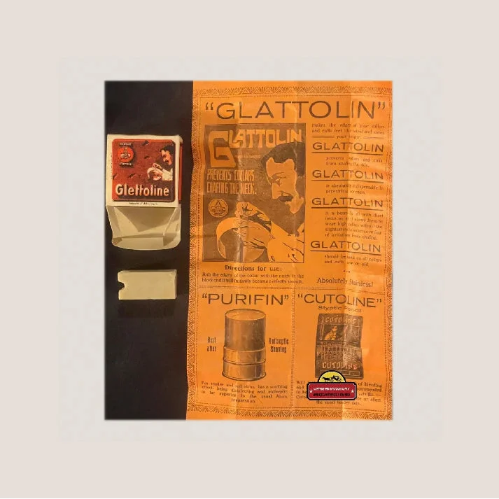 Vintage hygiene products featuring the antique 1910s Glattolin Wax Collar remedy box