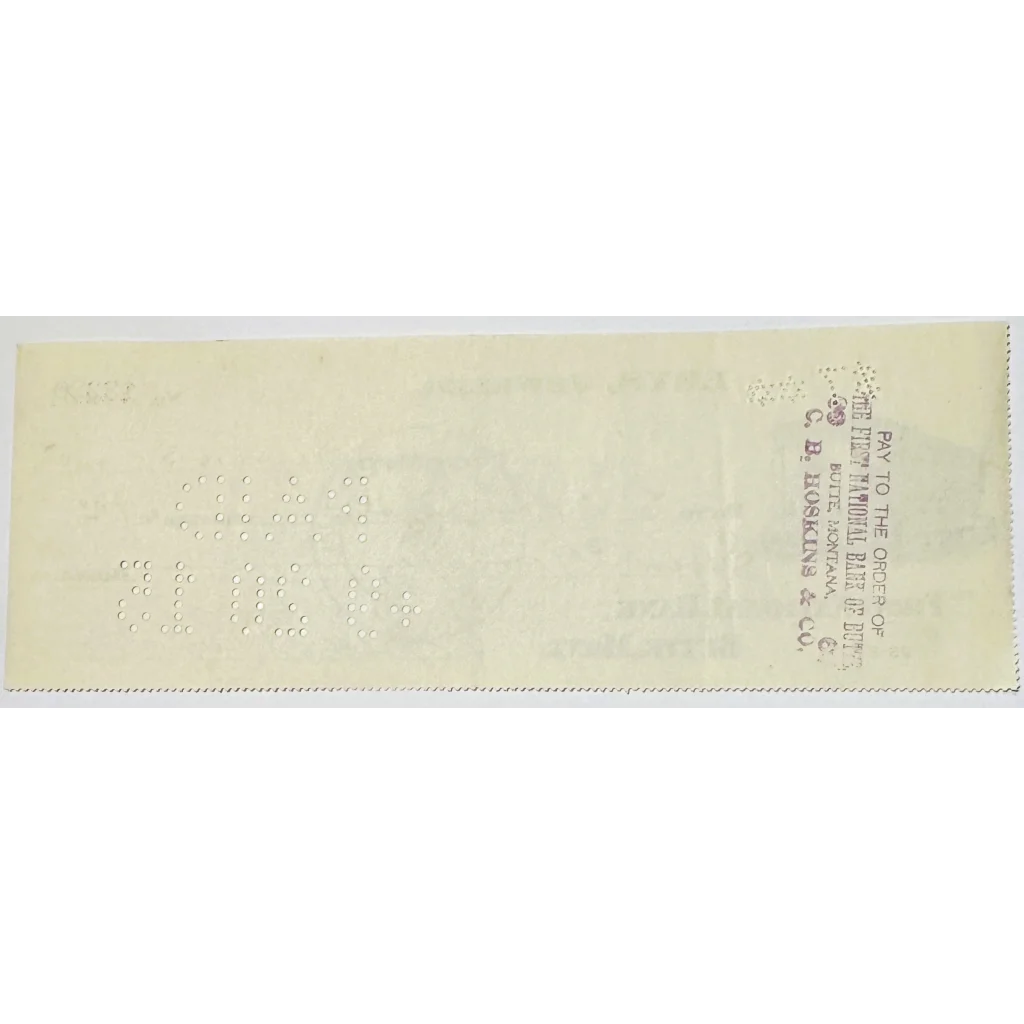 Perforated antique 1910s Leys jeweler check from Historic Butte Montana Mining Town