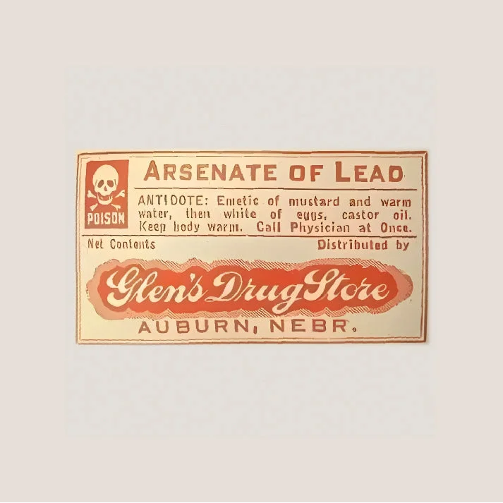 Vintage lead pharmacy label with antique arsenate skull design from quack pharmacy labels