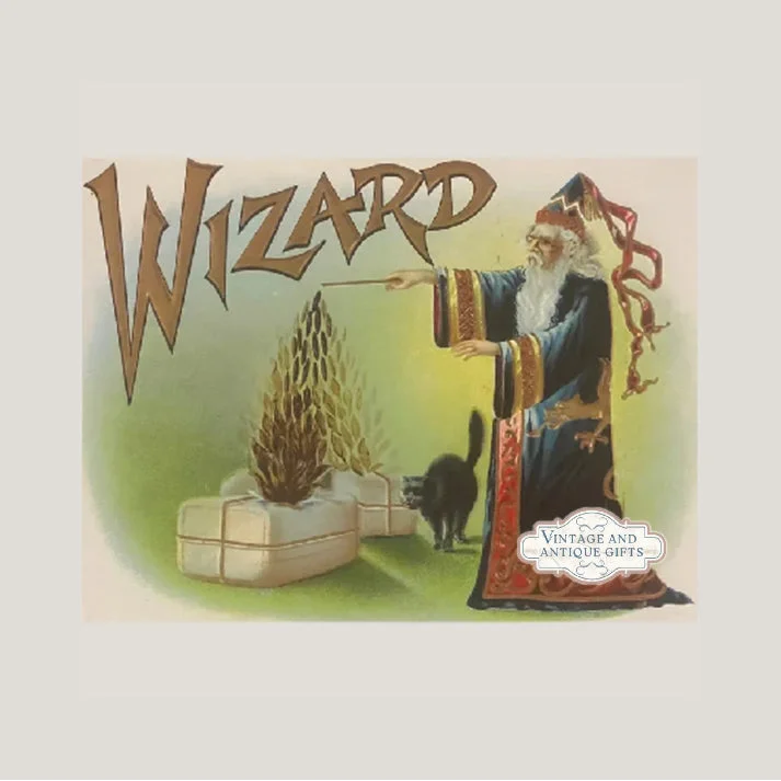 Vintage wizard illustration on a gold embossed cigar label showing antique vintage wizard charm