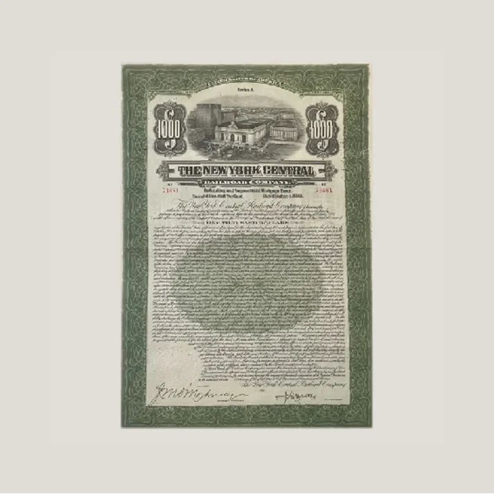 Vintage New York Central Railroad gold bond certificate featuring Grand Central station scene