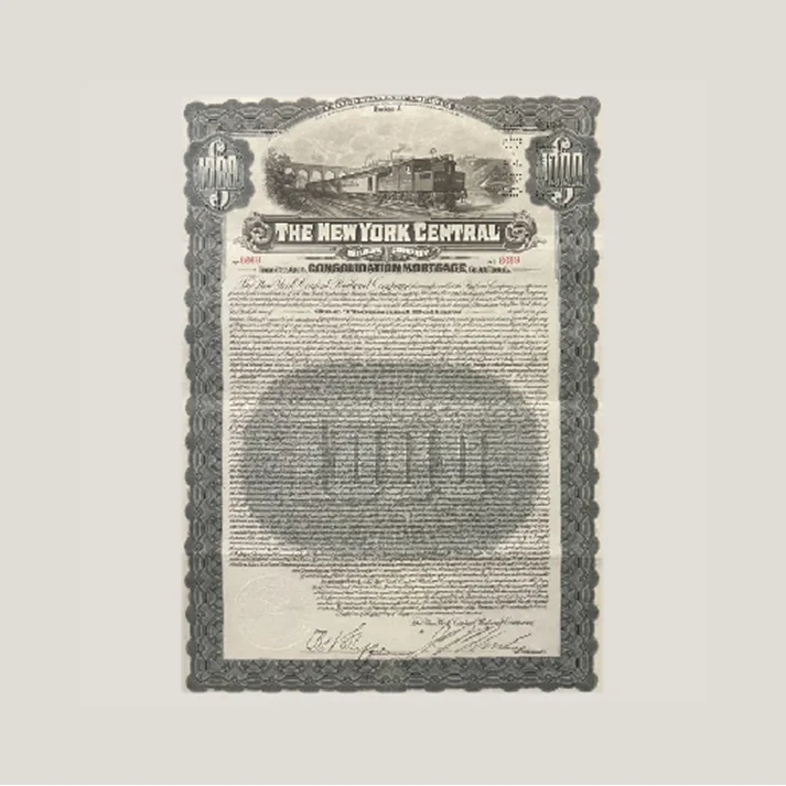 Antique vintage New York Central Railroad gold bond certificate from 1913