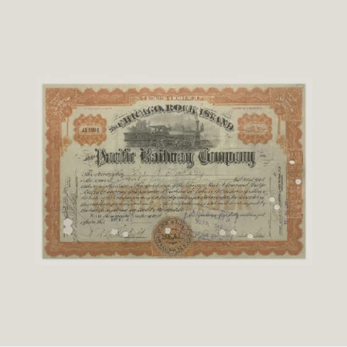 Vintage Chicago Rock Island Pacific Railroad stock certificate on display