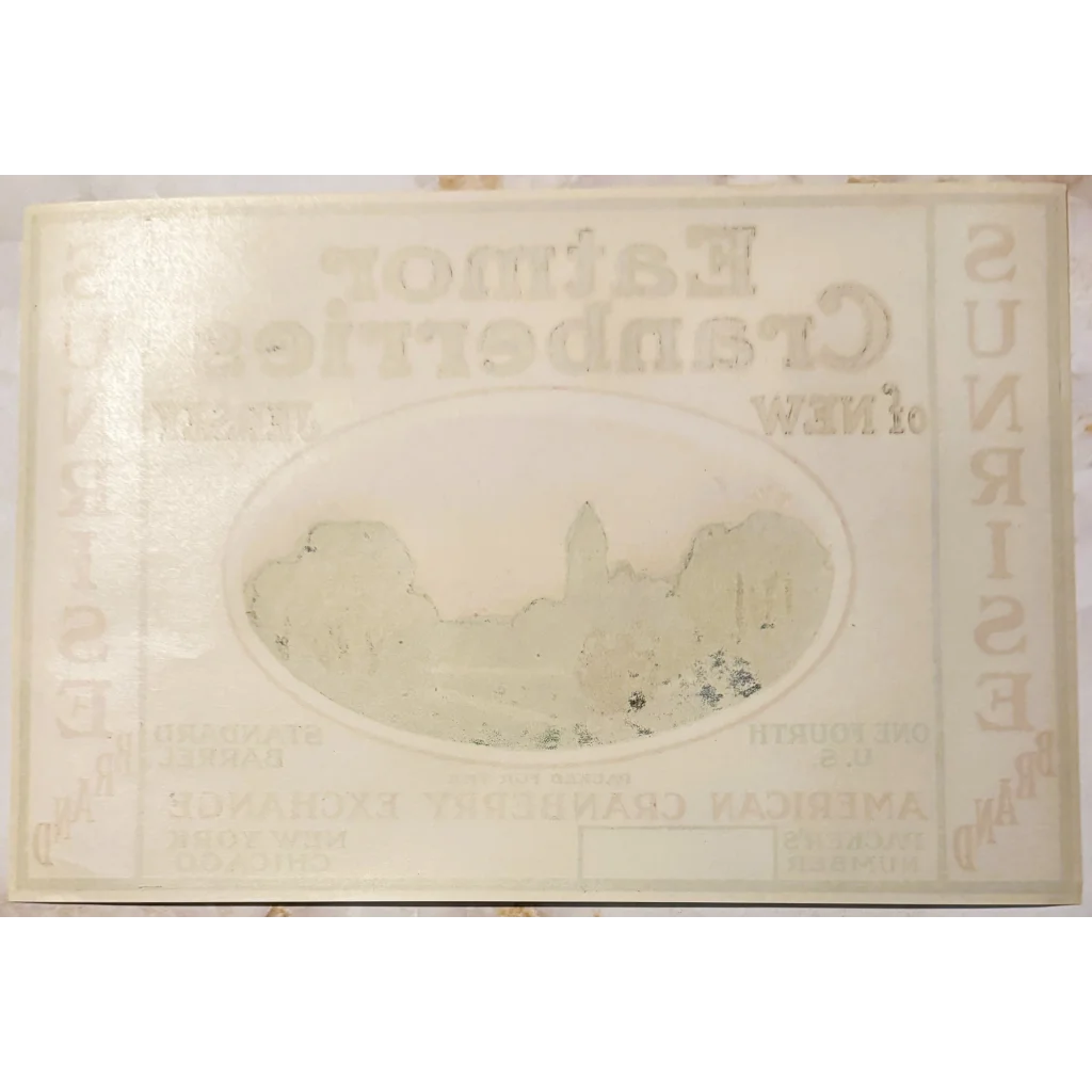 Faded oval photo of Rare 1920s Eatmor Cranberries Label with New Jersey sunset