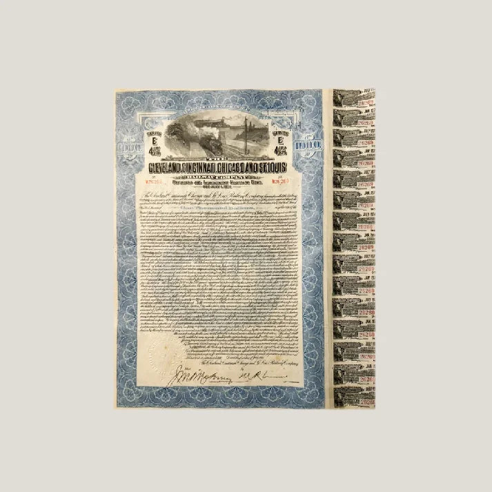 Antique Cleveland Cincinnati Chicago railway bond certificate from 1927, rare Louis Railway Bond