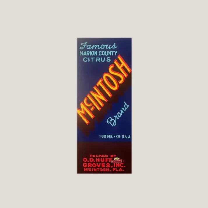 Vintage Mcintosh crate label from the 1930s with nostalgic Florida vibes
