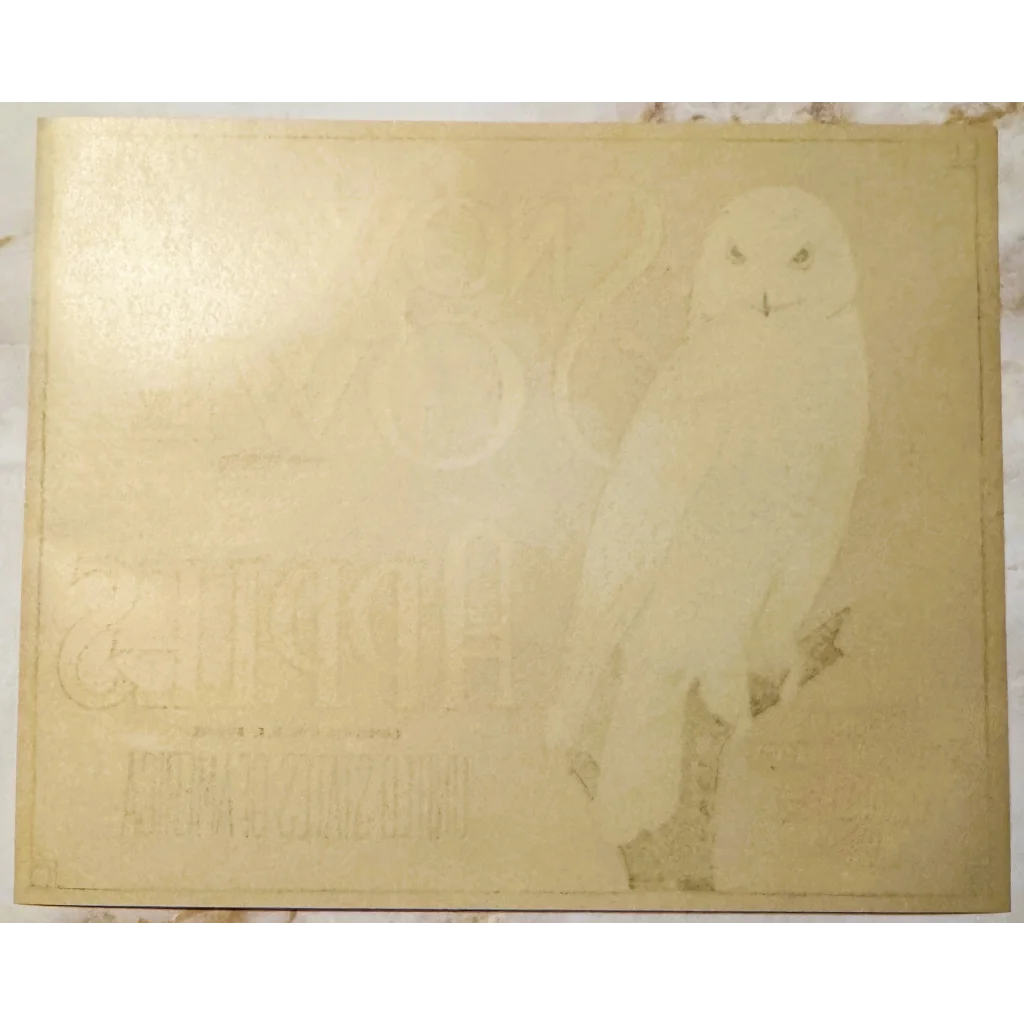Ghostly white owl on faded beige, Rare 1930s Snow Owl Apple Crate Label from Yakima