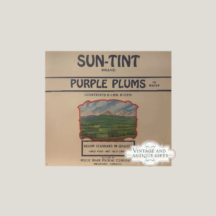 Vintage Sun-Tint Plum Label from Rogue River Packing, 1930s sun-tint plum design