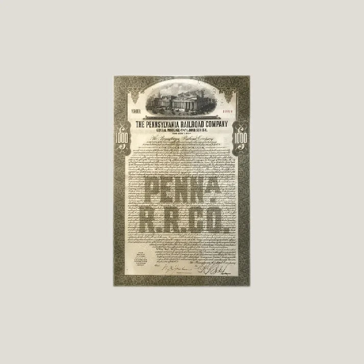 Antique Pennsylvania Railroad gold bond certificate from 1934, a rare Pennsy gold bond