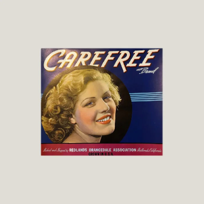 Vintage Carefree Brand ad with rare 1940s Carefree Citrus Label by Redlands Orange Growers