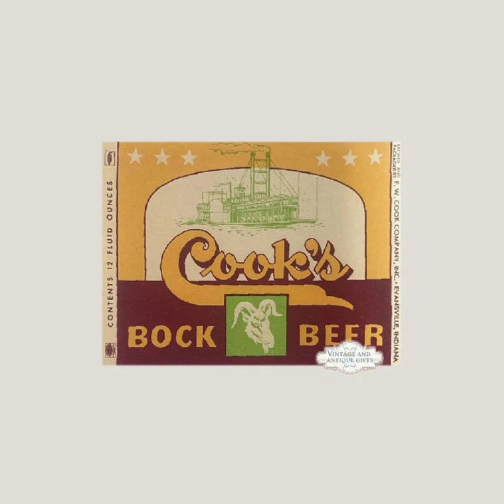 Vintage Cook's Bock Beer label, yellow and maroon, steamboat, goat, stars.