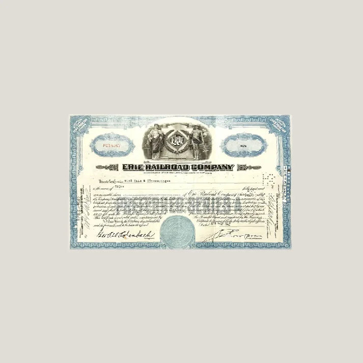 Vintage Erie Railroad stock certificate from the 1940s, a rare piece of NY history