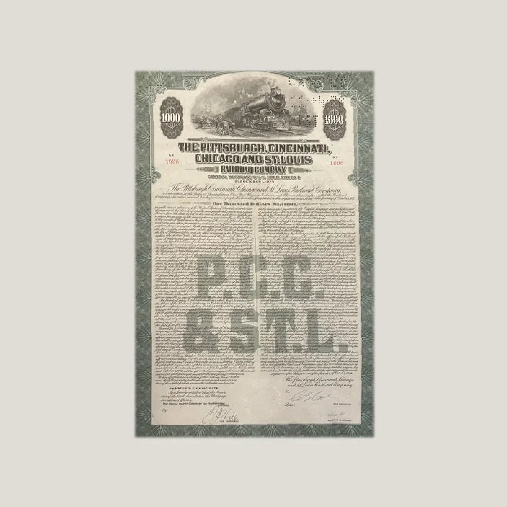 Vintage stock certificate from the Louis Railroad Gold bond for Pittsburgh Cincinnati Chicago