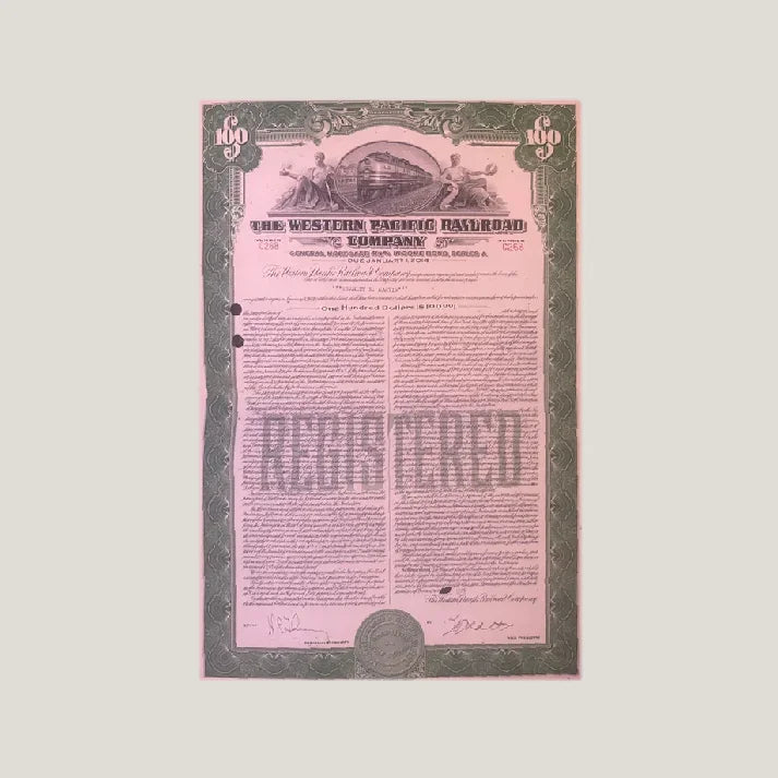 Antique Western Pacific Railroad stock certificate from 1945 featuring vintage bond design