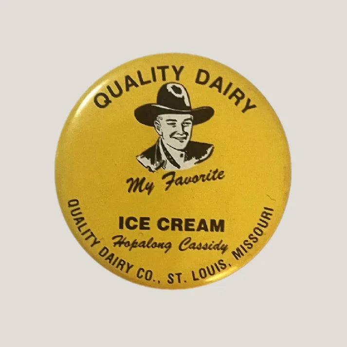 Vintage yellow Hopalong Cassidy pin from Quality Dairy Co St Louis, classic memorabilia