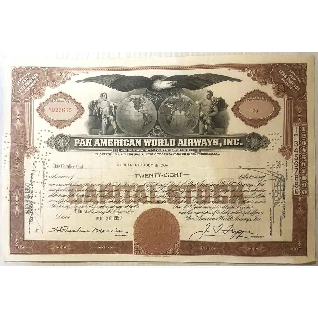 Rare 1950 Vintage Brown Pan Am American World Airways Stock Certificate Oldest Am! Collectibles and Antique Gifts Home