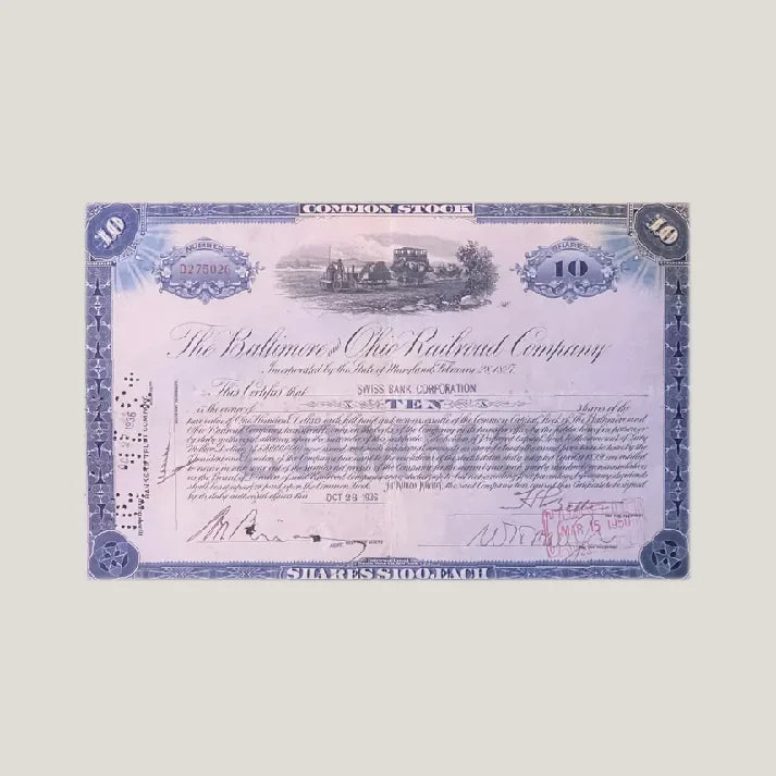 Vintage 1930s B&O Railroad stock certificate from the 1950s, a piece of American history