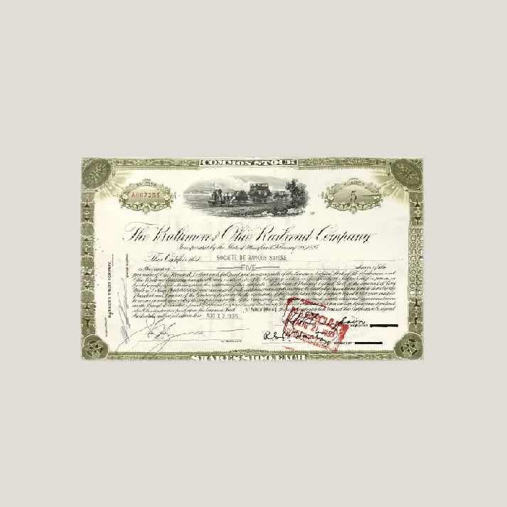 Antique B O Railroad stock certificate from Ohio Railroad, vintage 1930s Baltimore collectible