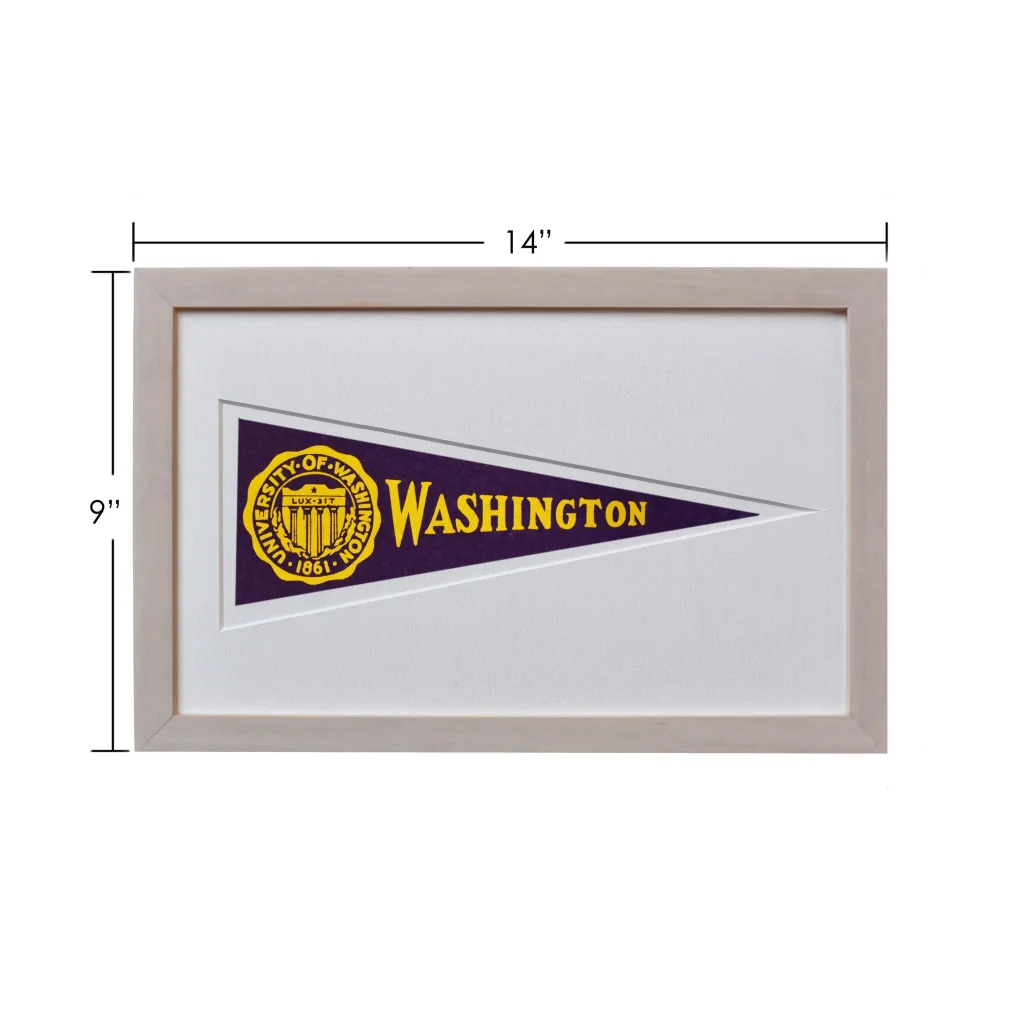 Vintage 1950s Hormel Pennant University of Washington wool felt flag, 14-inch framed